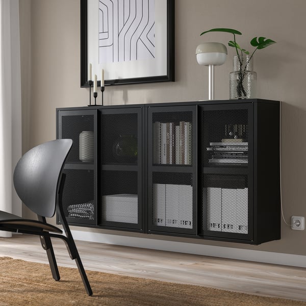 IVAR Schrank mit Türen, schwarz Netz, 160x30x83 cm