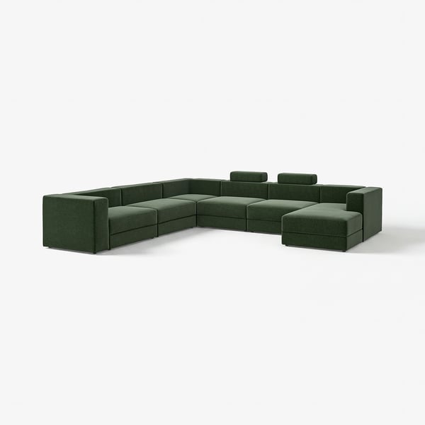 JÄTTEBO Sofa, U-Form/7-sitzig, mit Récamiere rechts mit Nackenkissen/Johanneshov dunkelgrün