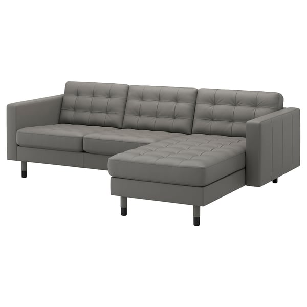 LANDSKRONA 3er-Sofa mit Récamiere, Grann/Bomstad graugrün/Holz/schwarz