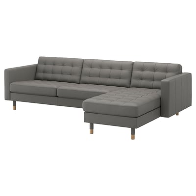 LANDSKRONA 4er-Sofa, mit Récamiere/Grann/Bomstad graugrün/Holz