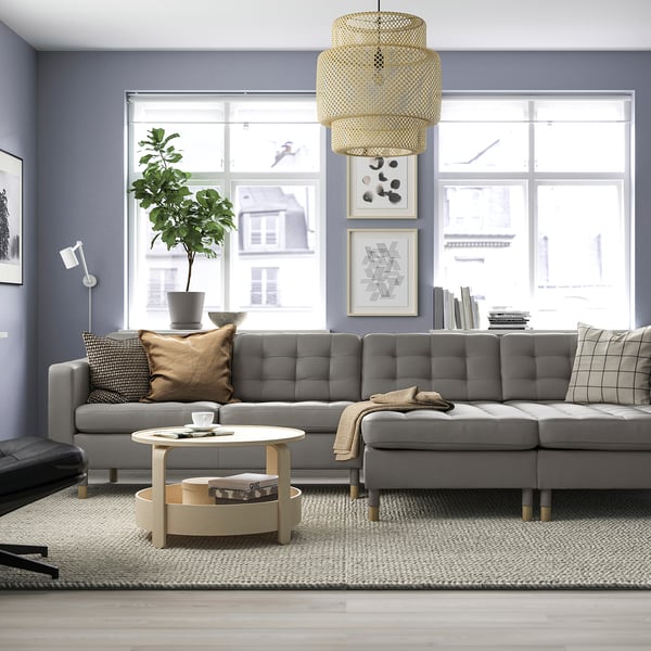 LANDSKRONA 4er-Sofa mit Récamieren, Grann/Bomstad graugrün/Holz