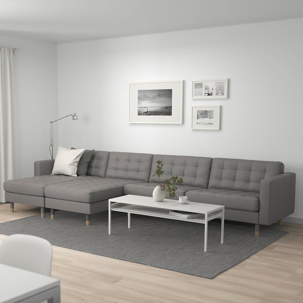 LANDSKRONA 5er-Sofa, mit Récamieren/Grann/Bomstad graugrün/Holz