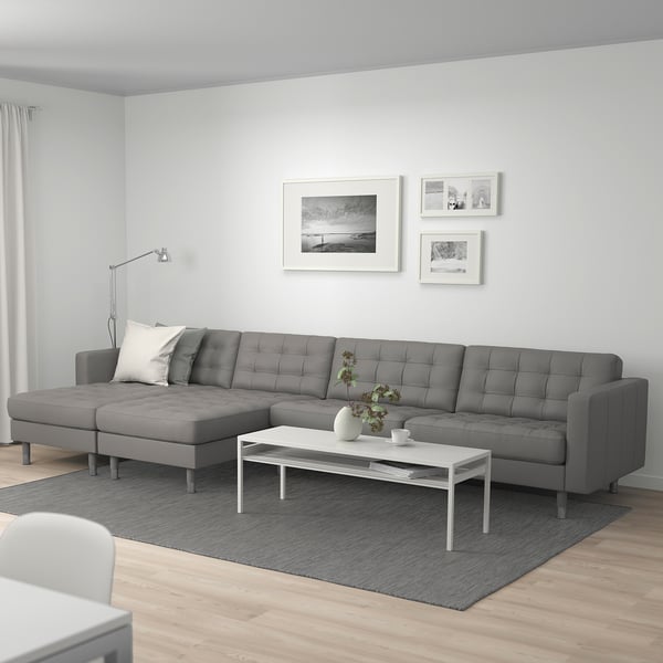 LANDSKRONA 5er-Sofa, mit Récamieren/Grann/Bomstad graugrün/Metall