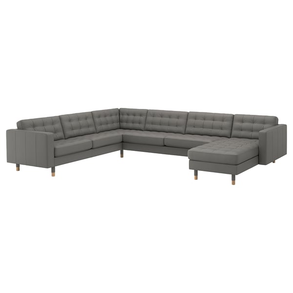 LANDSKRONA Ecksofa 6-sitzig, mit Récamiere/Grann/Bomstad graugrün/Holz