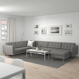 LANDSKRONA Ecksofa 6-sitzig, mit Récamiere/Grann/Bomstad graugrün/Holz