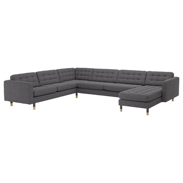 LANDSKRONA Ecksofa 6-sitzig, mit Récamiere/Gunnared dunkelgrau/Holz