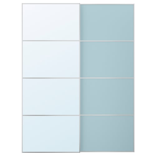 MEHAMN/AULI Schiebetürpaar, Aluminium doppelseitig/hellblau Spiegelglas, 150x201 cm