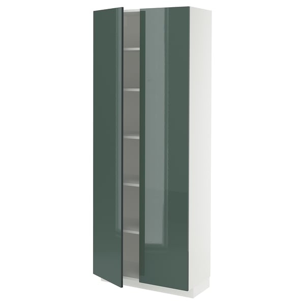 METOD Hochschrank mit Einlegeböden, weiß/Kallarp Hochglanz dunkel graugrün, 80x37x200 cm