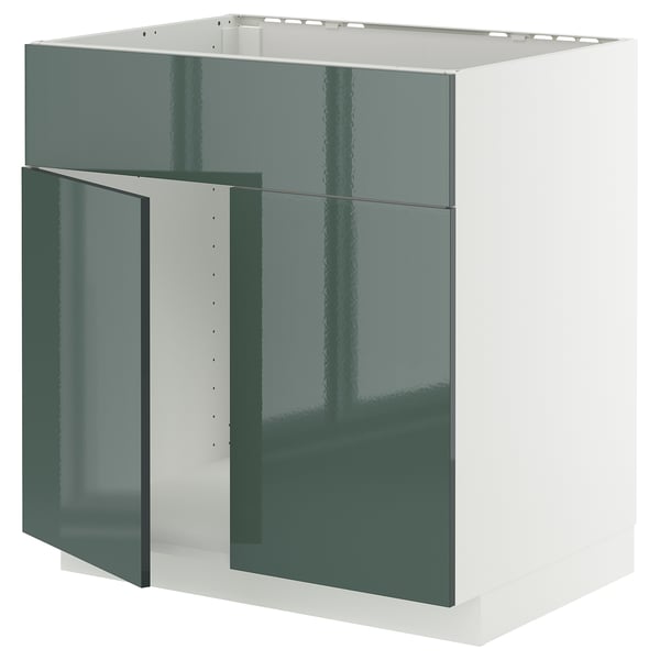 METOD Unterschr f Spüle+2 Türen/Front, weiß/Kallarp Hochglanz dunkel graugrün, 80x60 cm