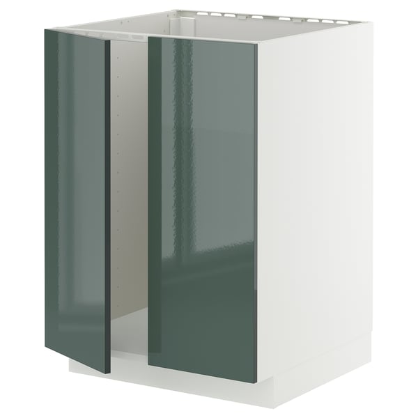 METOD Unterschrank für Spüle + 2 Türen, weiß/Kallarp Hochglanz dunkel graugrün, 60x60 cm