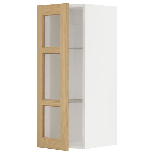 METOD Wandschrank mit Böden/Glastür, weiß/Forsbacka Eiche, 30x80 cm
