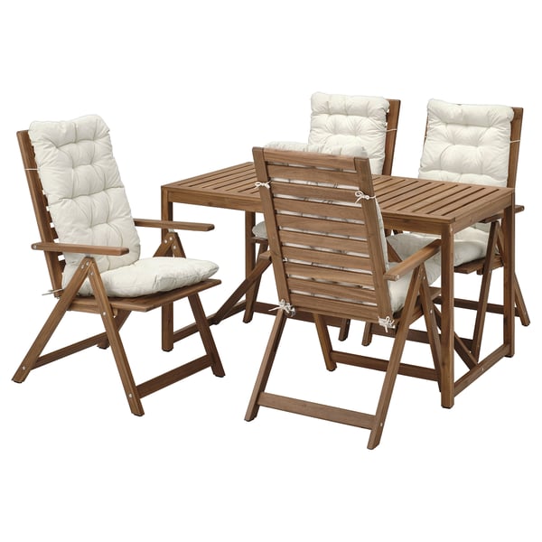 NÄMMARÖ Tisch+4 Hochlehner/außen, hellbraun lasiert/Kuddarna helles Graubeige, 140x75 cm