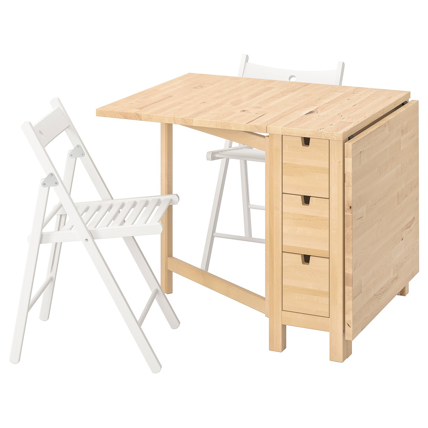 NORDEN / TERJE Tisch und 2 Klappstühle, Birke/weiss, 26/89/152 cm