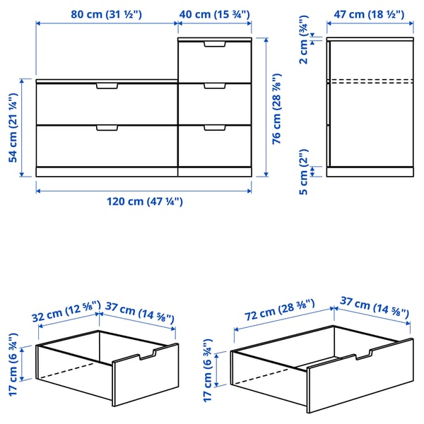NORDLI Kommode mit 5 Schubladen, weiß, 120x76 cm
