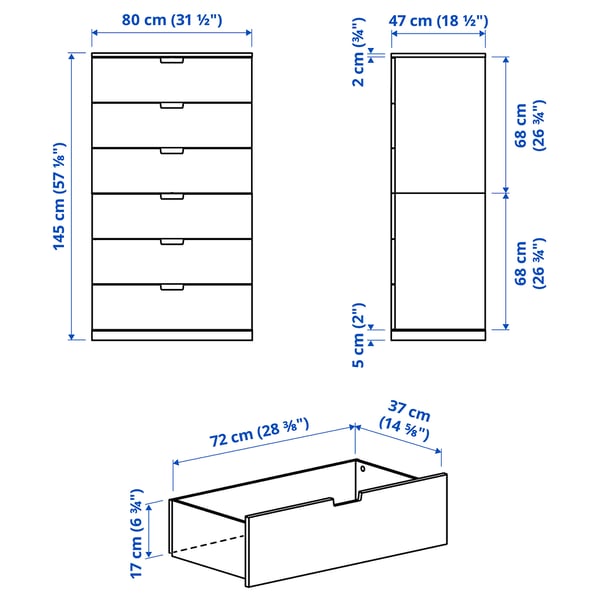 NORDLI Kommode mit 6 Schubladen, weiß, 80x145 cm
