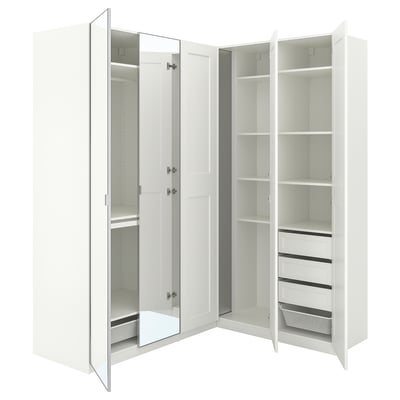PAX / GRIMO/ÅHEIM Eckkleiderschrank, weiß/weiß Spiegelglas, 211/161x236 cm
