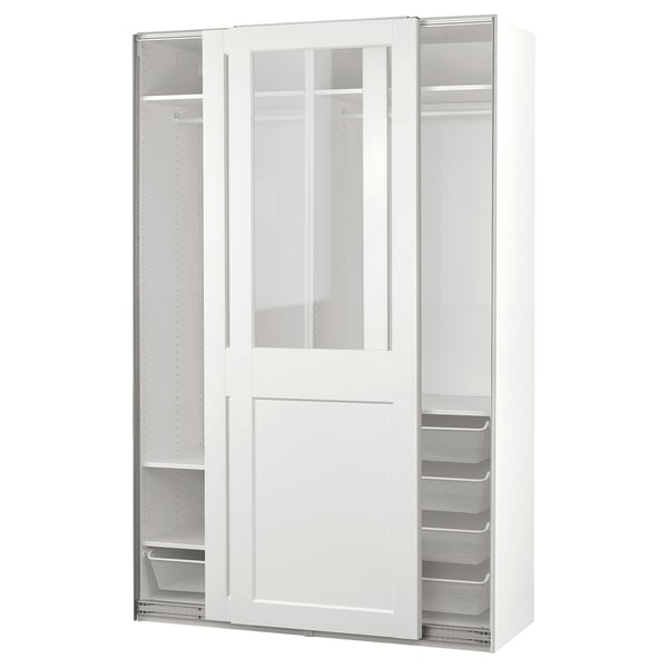 PAX / GRIMO Kleiderschrank mit Schiebetüren, weiß/Klarglas weiß, 150x66x236 cm