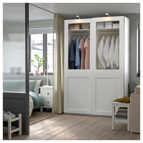 PAX / GRIMO Kleiderschrank mit Schiebetüren, weiß/Klarglas weiß, 150x66x236 cm