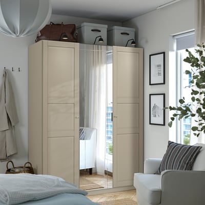 PAX / KAMMARTORP/TYSSEDAL Schrankkombination, graubeige/graubeige Spiegelglas, 150x60x201 cm