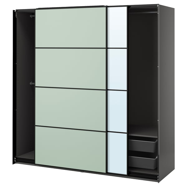 PAX / MEHAMN/AULI Kleiderschrank mit Schiebetüren, dunkelgrau doppelseitig/hellgrün Spiegelglas, 200x66x201 cm