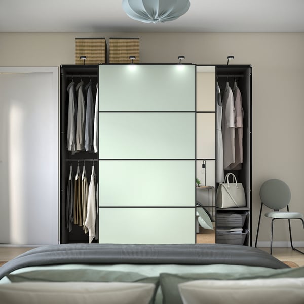 PAX / MEHAMN/AULI Kleiderschrank mit Schiebetüren, dunkelgrau doppelseitig/hellgrün Spiegelglas, 200x66x201 cm