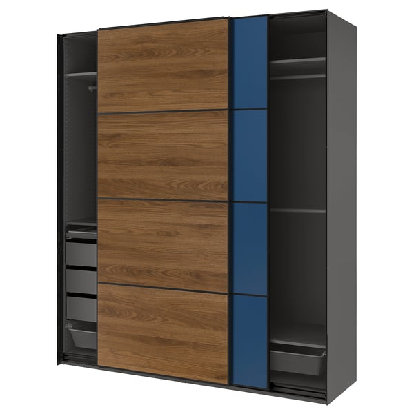 PAX / MEHAMN/AULI Kleiderschrank mit Schiebetüren, dunkelgrau schwarz/doppelseitig Nussbaum, 200x66x236 cm