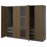 PAX / TONSTAD Schrankkombination, dunkelgrau braun/gebeiztes Eichenfurnier Glas, 250x60x201 cm