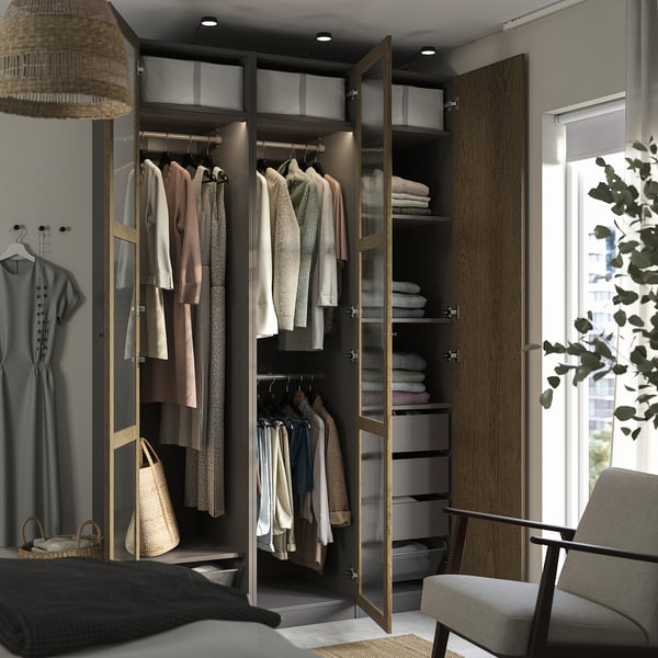 PAX / TONSTAD Schrankkombination, dunkelgrau braun/gebeiztes Eichenfurnier Glas, 150x60x236 cm
