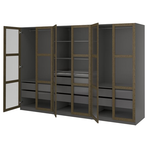 PAX / TONSTAD Schrankkombination, dunkelgrau braun/gebeiztes Eichenfurnier Glas, 300x60x201 cm