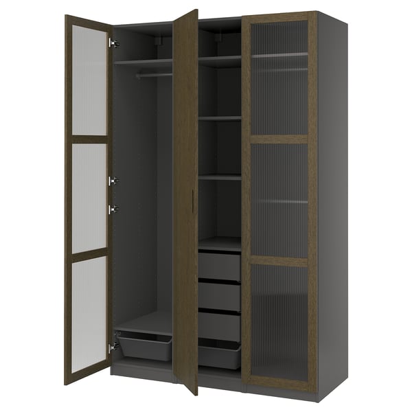 PAX / TONSTAD Schrankkombination, dunkelgrau braun/gebeiztes Eichenfurnier Glas, 150x60x236 cm