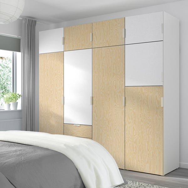 PLATSA Kleiderschrank m 9 Türen+3Schubl., weiß Kalbåden/glänzende Kiefernachbildung FONNES weiß, 240x57x221 cm