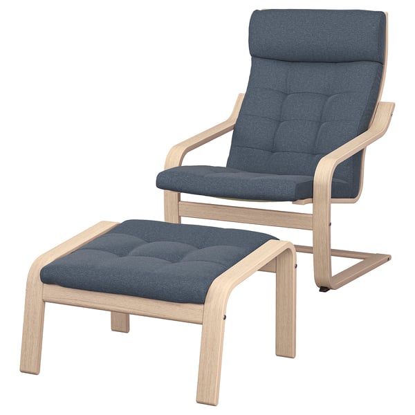 POÄNG Sessel und Hocker, Eichenfurnier weiß lasiert/Gunnared blau