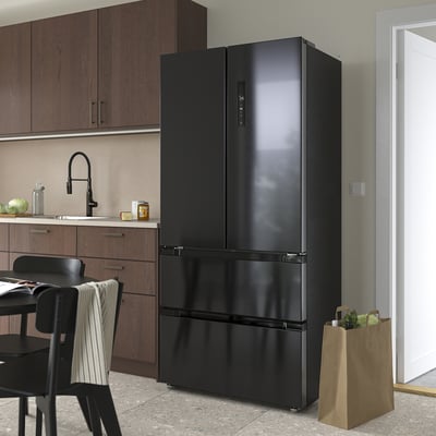 RIBBENÅS Kühl-/Gefrierschrank doppeltürig, IKEA 700 frei stehend/schwarz Edelstahl, 347/169 l