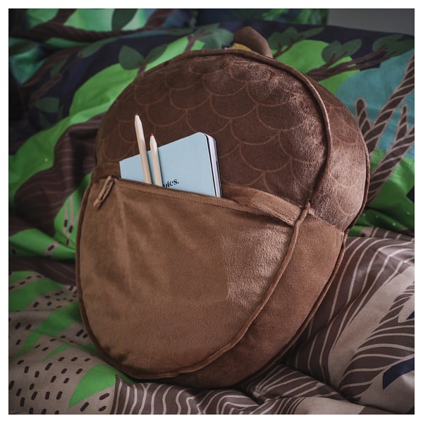 SKOGSDUVA Kissen mit Tasche, eichelförmig/braun, 32x37 cm