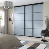 SKYTTA / PAX Kleiderschrank+Schiebetüren begehb., schwarz dunkelgrau/Mehamn hellblau, 276x160x240 cm