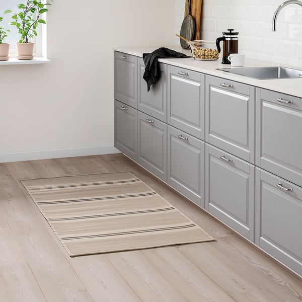 VIRKLUND Teppich flach gewebt, drinnen/drau, weiß/beige/dunkelgrau, 80x150 cm