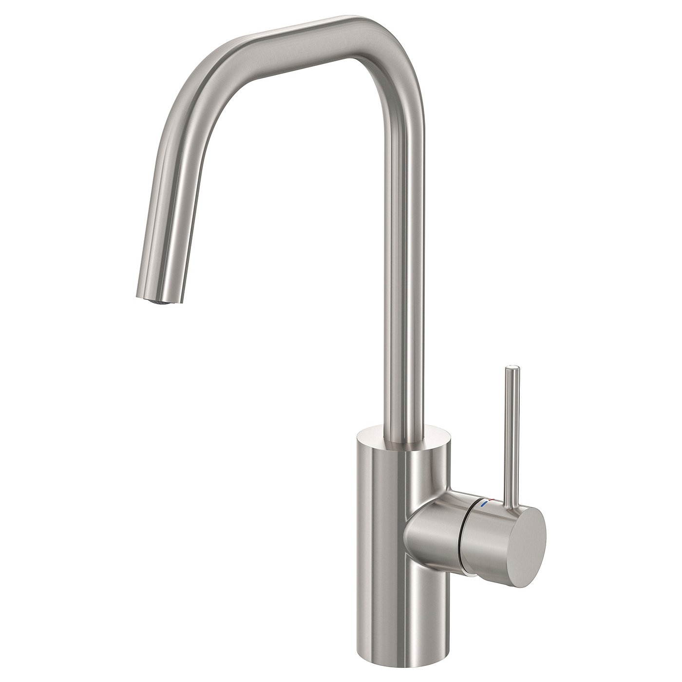 A stainless steel, modern kitchen tap named ÄLMAREN with a long, curved spout and a single handle.