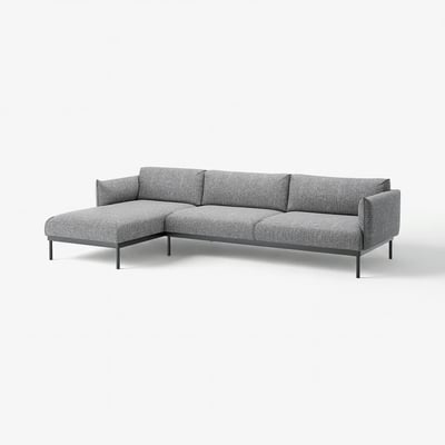 Modern grey l-shaped sofa with sleek metal legs, perfect for cosy lounging.