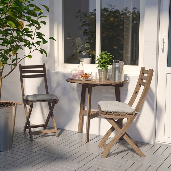 ASKHOLMEN Table f wall+2 fold chairs, outdoor - grey-brown ...