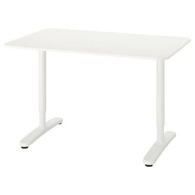 BEKANT white desk: rectangular, adjustable legs, clean design, wooden top.