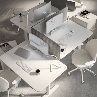 BEKANT white desk: rectangular, adjustable legs, clean design, wooden top.