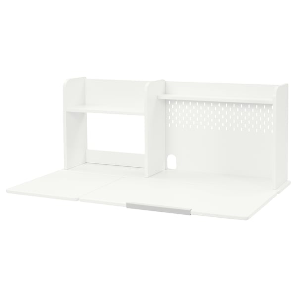 A white desk organiser called BERGLÄRKA. Its sleek design includes compartments and a pegboard for storage.