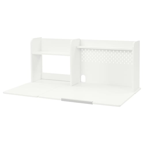 A white desk organiser called BERGLÄRKA. Its sleek design includes compartments and a pegboard for storage.