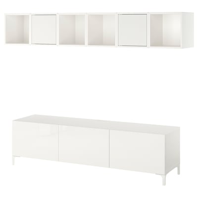 BESTÅ / EKET TV bench, white/Selsviken/Nannarp high-gloss/white frosted glass, 180x42x48 cm