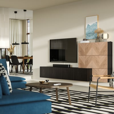 BESTÅ Media storage combination, black-brown Lappviken/Hedeviken oak, 300x42x114 cm