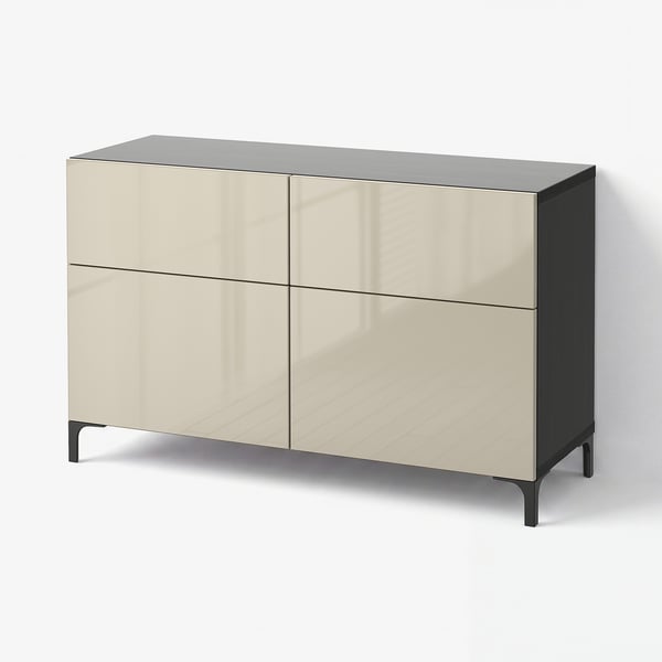 BESTÅ Storage combination w doors/drawers, black-brown/Selsviken high-gloss/beige, 120x42x74 cm