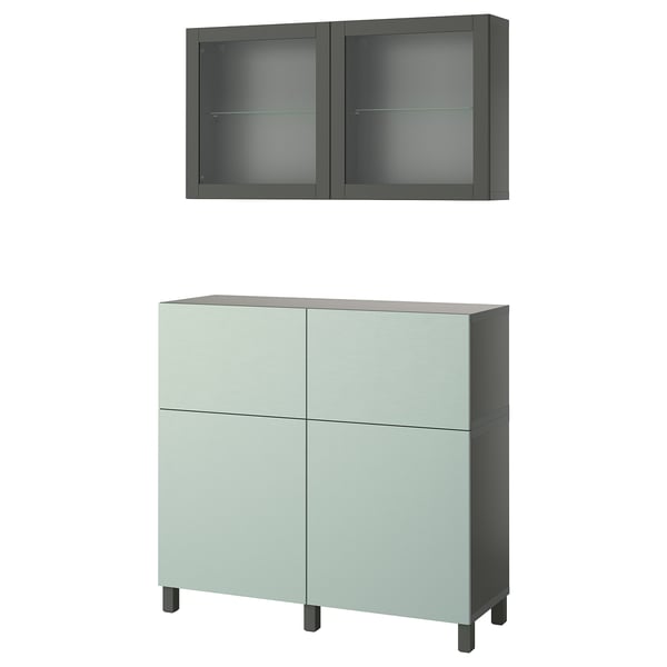 BESTÅ Storage combination w doors/drawers, dark grey Sindvik/Stubbarp/Hjortviken pale grey-green, 120x42x213 cm