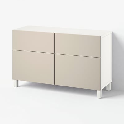 BESTÅ Storage combination w doors/drawers, white/Lappviken/Stubbarp light grey-beige, 120x42x74 cm