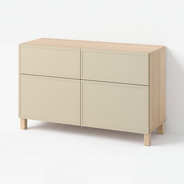 BESTÅ Storage combination w doors/drawers, white stained oak effect/Krukmakare beige, 120x42x74 cm