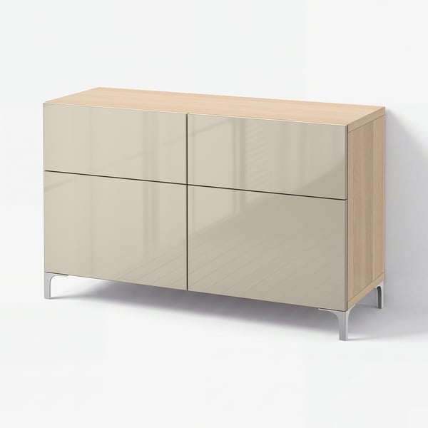 BESTÅ Storage combination w doors/drawers, white stained oak effect/Selsviken high-gloss/beige, 120x42x74 cm